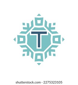 Initial letter T abstract snowflake square emblem logo