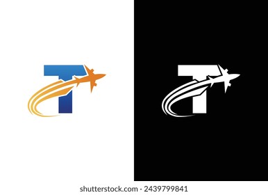 Initial letter T Air Travel Logo icon Design with plane graphic element, symbol, sign for travel agency logo design. letter T Air travel logo design template-vector.