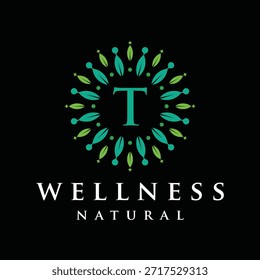 Letra inicial T alfabeto bienestar, verde, hojas, natural, salud, orgánico, diseño de logotipo, hoja circular naturaleza icono gráfico Vector Plantilla