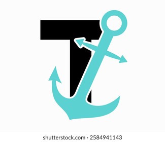 Initial Letter T Anchor Logo Design Concept For Boat, Ship, Yacht, Nautical Transport Symbol