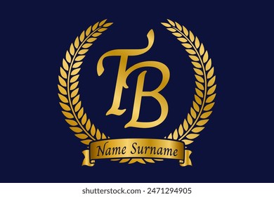 Initial letter T and B, TB monogram logo design with laurel wreath. Luxury golden calligraphy font.
