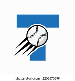 Initial Letter T Baseball Logo Concept With Moving Baseball Icon Vector Template