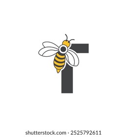 Initial letter T bee logo design. Honey bee with letter T on wings logo or icon vector bee design illustration concept .