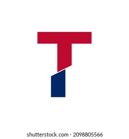 Anfangsbuchstabe T Blau- und Rotes Logo. Geometrisches Formen, Schnitt, einzeln auf weißem Hintergrund