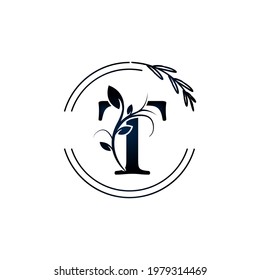 Initial Letter T Botanical Flowers with lettering circle hand drawn. Suitable for natural, eco, jewelry, fashion, personal or corporate branding.