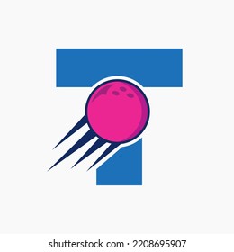 Initial Letter T Bowling Logo Concept With Moving Bowling Ball Icon. Bowling Sports Logotype Symbol Vector Template