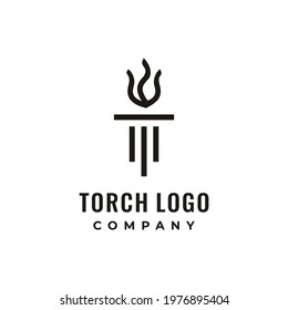 Initial Letter T Burning Torch Fire Flame with Pillar column logo design