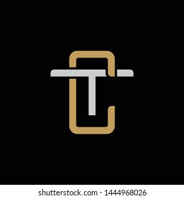 Initial letter T and C, TC, CT, overlapping interlock logo, monogram line art style, silver gold on black background