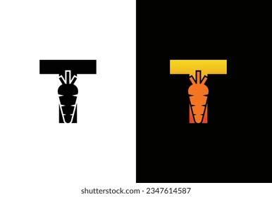 Letra inicial T Plantilla vectorial de diseño de icono de restricción. Plantilla de concepto de diseño del icono del logotipo de la zanahoria T.
