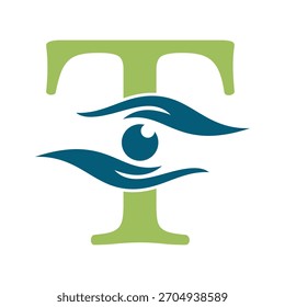 Logotipo de la caridad de la letra inicial T combinado con el símbolo de la mano y del ojo