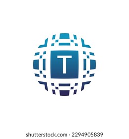 Initial letter T circle digital tech electronic pixel emblem logo