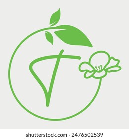 Initial Letter T circle of leaves and flowers logo design. Simple and elegant floral alphabet letter font. Vector Illustration.