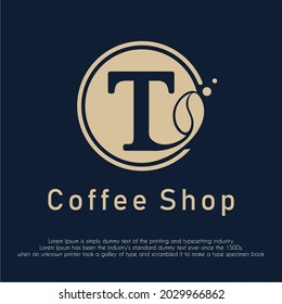 Initial Letter T with Coffee Bean Icon for Coffee Shop, Cafeteria, Beverage, Restaurant Business Logo Design Idea