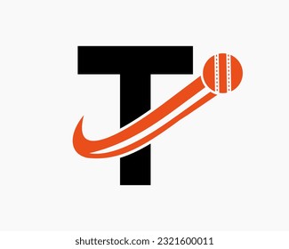 Initial Letter T Cricket Logo Concept With Moving Ball Icon For Cricket Club Symbol. Cricketer Sign