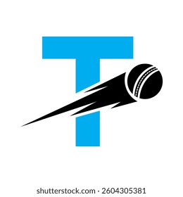 Initial Letter T Cricket Sports Logo Design With Speed Symbol. Cricket Ball Logo For Academy and Club Sign