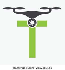 Initial Letter T Drone Logo. Drone Technology Logo Sign Vector Template