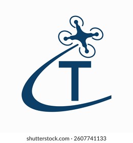 Initial Letter T Drone Logo Design Concept For Agriculture Irrigation Sign Vector And Template