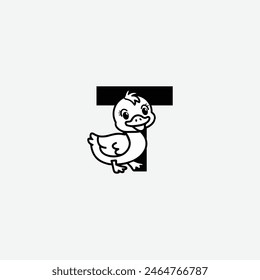 Letra inicial T con diseño de logotipo de pato. Duck luce una sonrisa feliz. Letra T Vector lindos animales personaje pato ilustración aislada y letras sobre fondo blanco.
