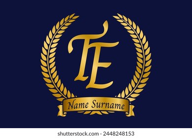 Initial letter T and E, TE monogram logo design with laurel wreath. Luxury golden calligraphy font.