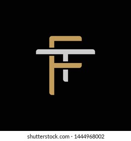 Initial letter T and F, TF, FT, overlapping interlock logo, monogram line art style, silver gold on black background