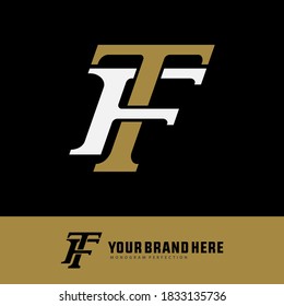 Initial letter T, F, TF or FT overlapping, interlock, monogram logo, white and gold color black on background