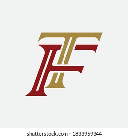 Initial letter T, F, TF or FT overlapping, interlock, monogram logo, gold and red color on white background