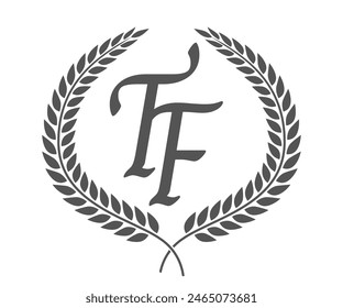 Anfangsbuchstabe T und F, TF-Monogramm-Logo-Design mit Lorbeerkranz. Luxuriöse Kalligrafie-Schrift.