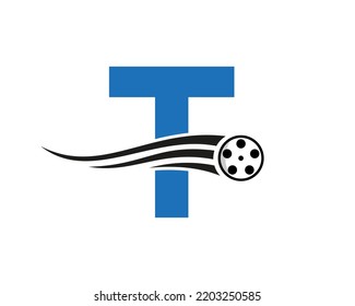 Initial Letter T Film Logo Concept With Film Reel For Media Sign, Movie Director Symbol Vector Template