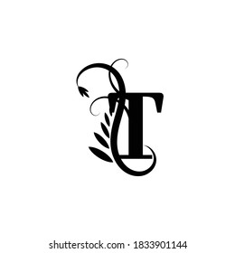 Initial Letter T Flourish Monogram in Black and White Color.