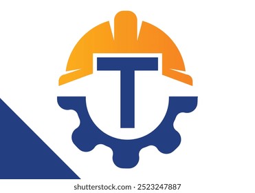 Initial Letter T with Gear and Helmet. Gear engineer logo design vector
