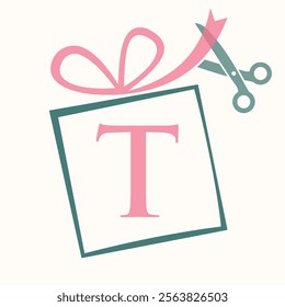 Initial Letter T Gift Box Logo Design Concept With Ribbon and Scissors Symbol For Weeding and Birthday Gift Sign