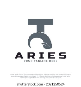 Initial Letter T with Goat Ram Sheep Horn for Aries Logo Design Inspiration. Animal Logo Element Template