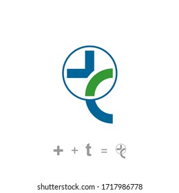 Initial letter T graphic logo design concept template, with cross medical logo, isolated on white background.