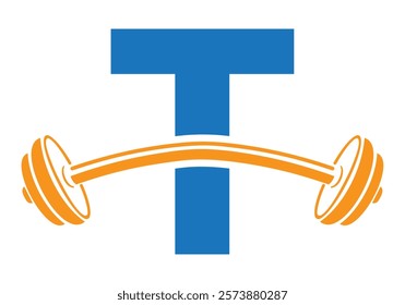 Initial Letter T Gym Logo Design Concept With Straight and Curved Barbell Symbol. Fitness Sign, Bodybuilding, Workout Vector