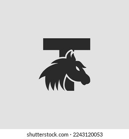 Initial letter T with horse vector logo design. Horse Letter T Illustration Template Icon emblem Isolated.