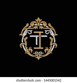 Initial letter T and I, TI, IT, decorative ornament emblem badge, overlapping monogram logo, elegant luxury silver gold color on black background