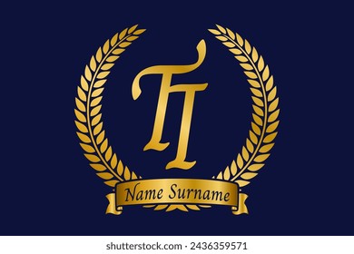 Initial letter T and I, TI monogram logo design with laurel wreath. Luxury golden emblem with calligraphy font.