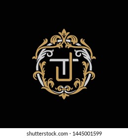 Initial letter T and J, TJ, JT, decorative ornament emblem badge, overlapping monogram logo, elegant luxury silver gold color on black background