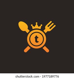 Initial letter T King food Logo Design Template. Illustration vector graphic. Design concept fork,spoon and crown With letter symbol. Perfect for cafe, restaurant, cooking business