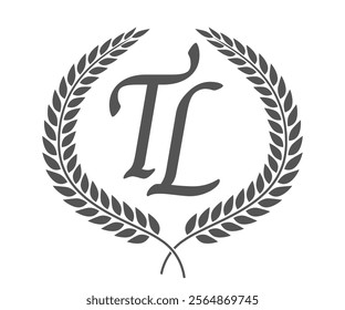 Initial letter T and L, TL monogram logo design with laurel wreath. Luxury calligraphy font.