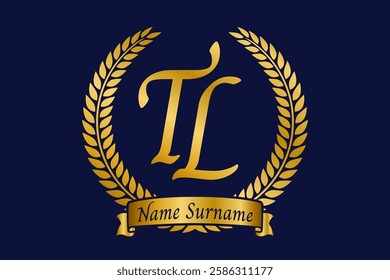 Initial letter T and L, TL monogram logo design with laurel wreath. Luxury golden calligraphy font.