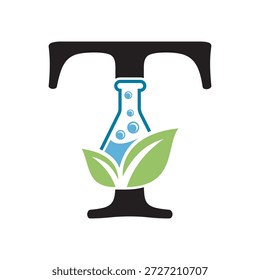 Letra inicial T desenho do logotipo de laboratório combinar com tubo de ensaio e símbolo de folha