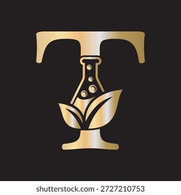 Letra inicial T desenho do logotipo de laboratório combinar com tubo de ensaio e símbolo de folha
