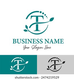 Initial Letter T with Leaf and Circle Leaves for Beauty, Skincare, Home Spa, Skincare, Aesthetic, Nature, Green Agronomy and Environment Modern Business Logo Idea