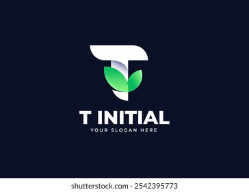 Letra inicial T com inspiração de logotipo de símbolo de ícone de folha. Símbolo de Folha Verde no Design do Logotipo da Letra T. Marca ecológica e natural para identidade empresarial ecológica. Ilustração de logotipo de vetor de alfabeto.