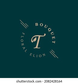 Inspiración en el diseño de la letra inicial T y la hoja para el logotipo de Bouquet vintage