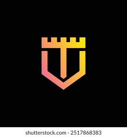 Initial letter T with line art style in shield concept, T shield logo vector