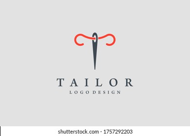 Initial Letter T Logo. Black Needle with Red Thread Combination. Usable for Tailor Logo. Flat Vector Logo Design Template Element.