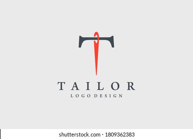 Initial Letter T Logo. Black Shape Classic T Letter Calligraphy Linked with Red Needle Combination isolated on Vintage Background. Usable for Tailor Logo. Flat Vector Logo Design Template Element.