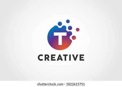 Initial Letter T Logo, Circle particle with letter T inside, vector illustration